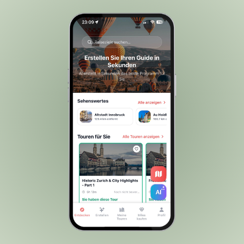 MyWai app on a phone, showing landmark guides and tours