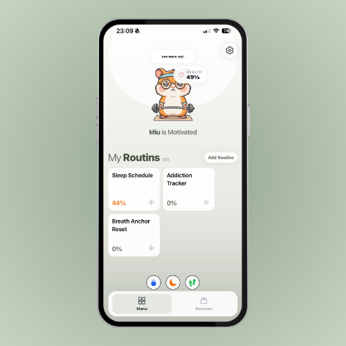 Habitster app on a phone, showing daily routines and progress